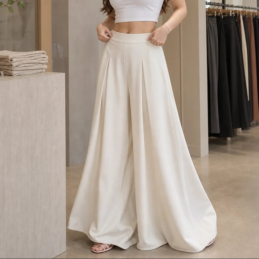 Pleated Wide-Leg Pants – White High-Rise Flowing Trousers