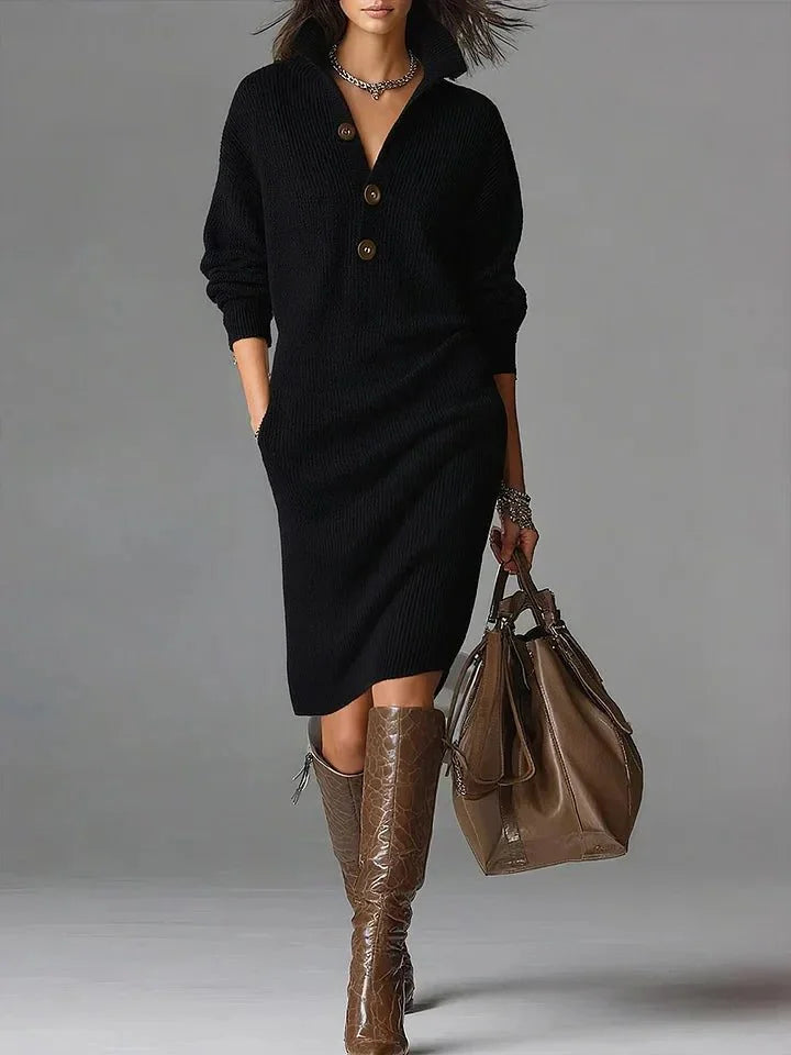 Ribbed Knit Sweater Dress with Collar