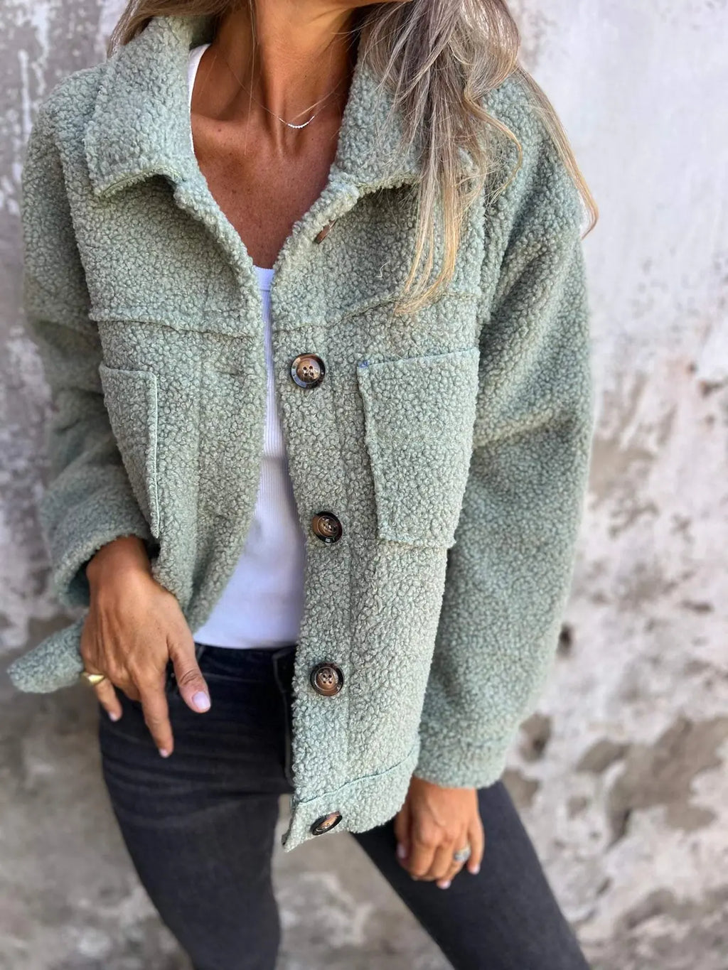 Sherpa Jacket Women – Sage Green Button-Front Teddy Jacket