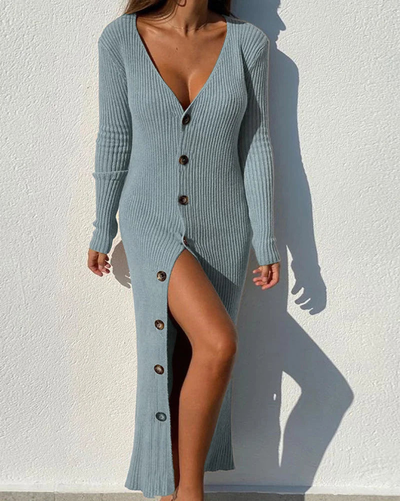 Sweater Dress – White Ribbed Button-Front Fitted Maxi