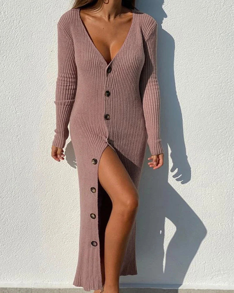 Sweater Dress – White Ribbed Button-Front Fitted Maxi