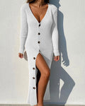 Sweater Dress – White Ribbed Button-Front Fitted Maxi
