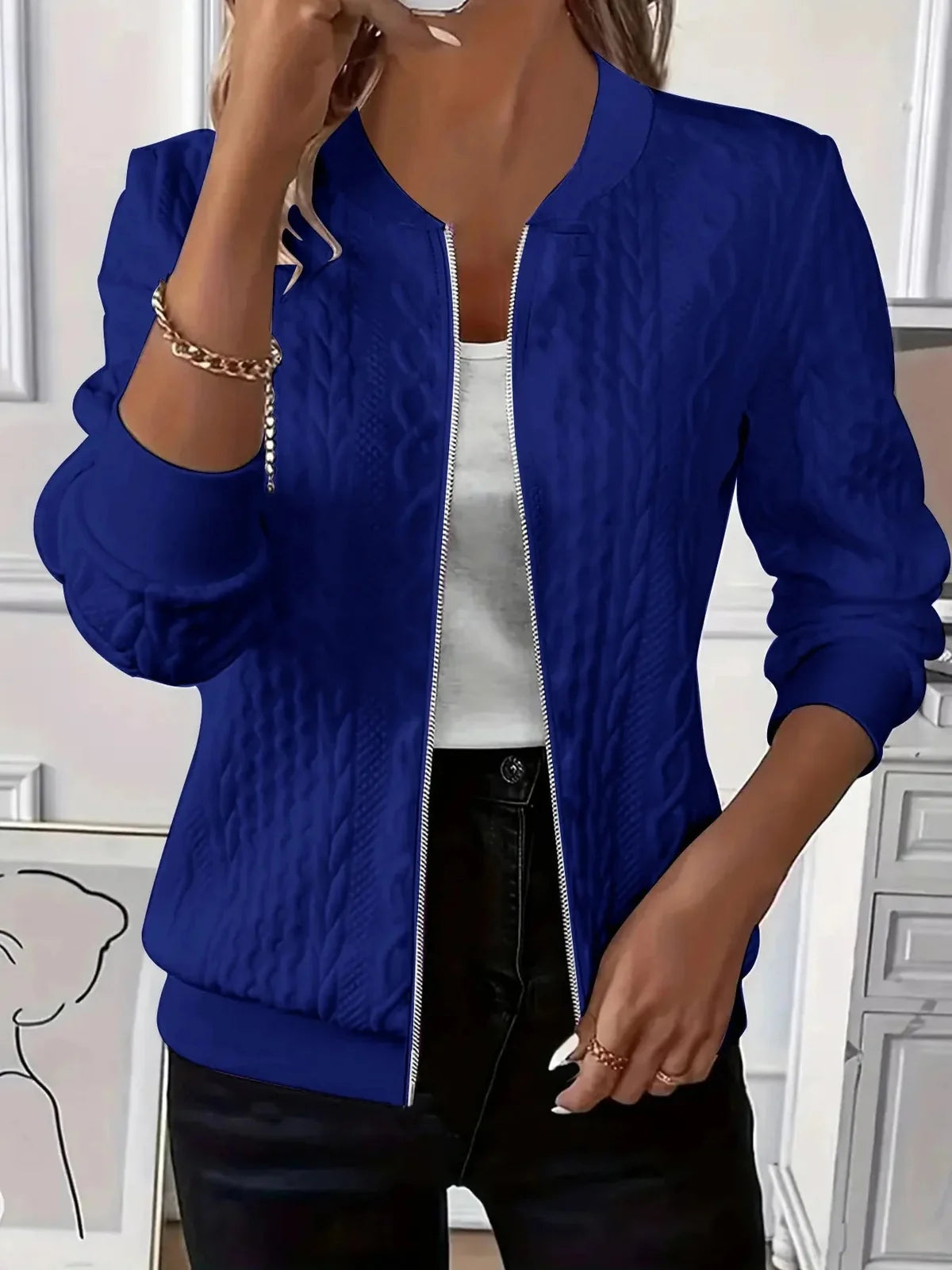 Textured Knit Zip Front Bomber Jacket