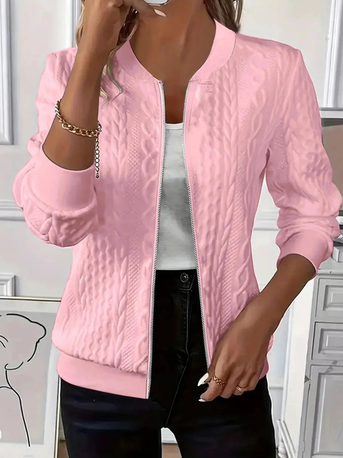 Textured Knit Zip Front Bomber Jacket