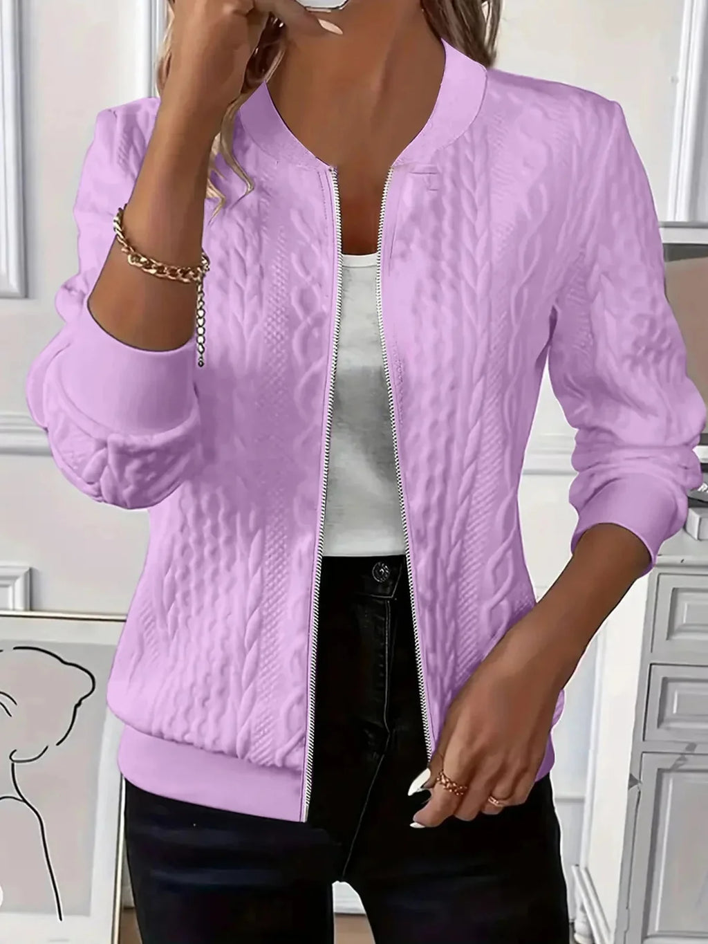 Textured Knit Zip Front Bomber Jacket