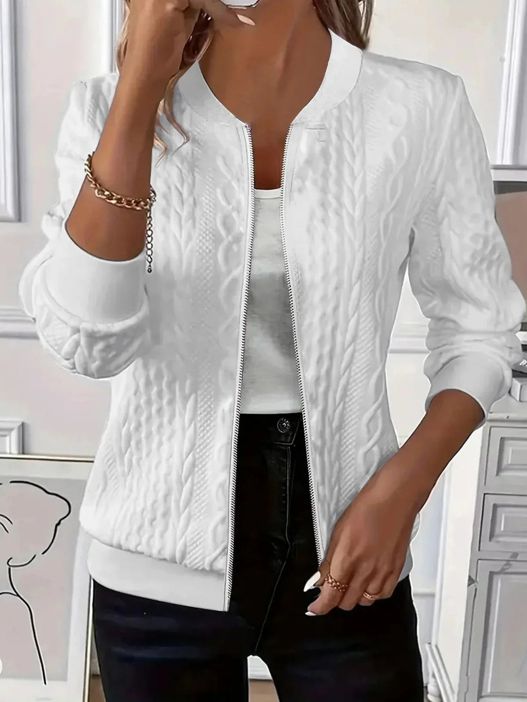 Textured Knit Zip Front Bomber Jacket
