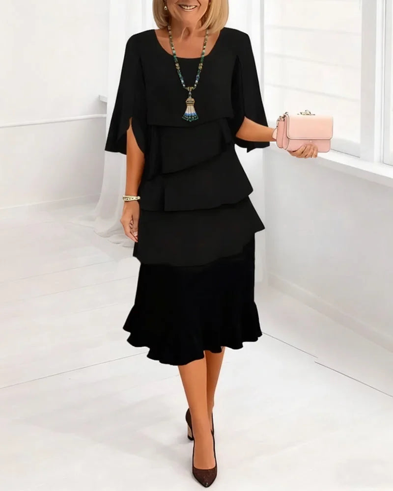 Tiered Midi Dress with Cape Sleeves