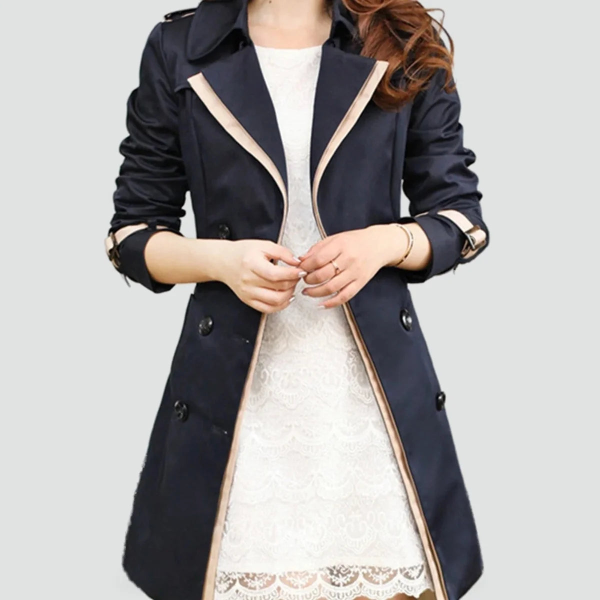 Trench Coat – Black Contrast-Trim Double-Breasted Belted