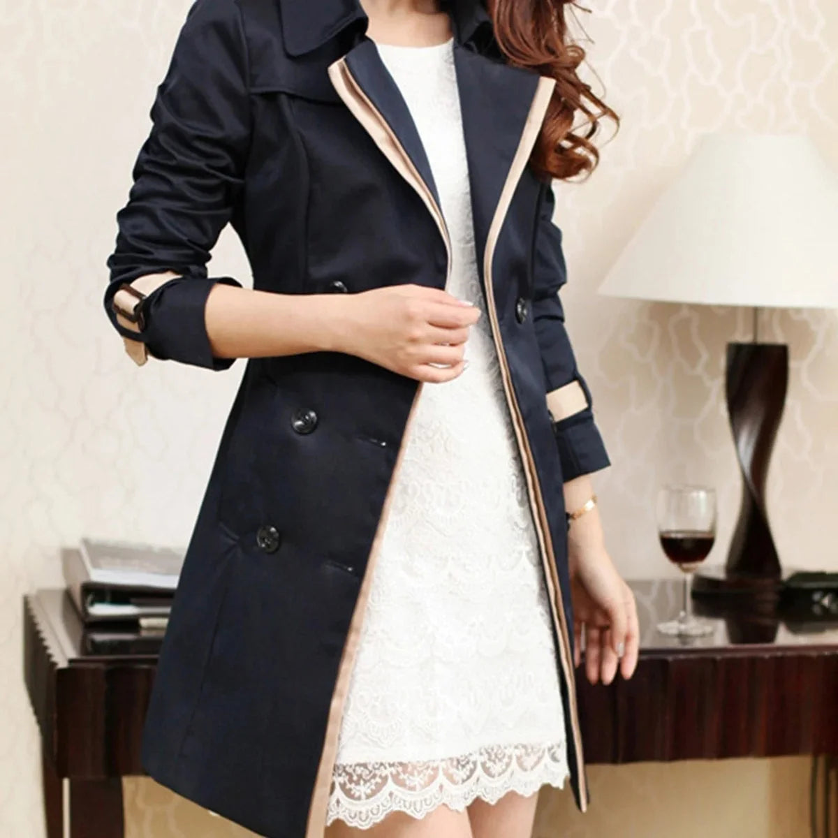 Trench Coat – Black Contrast-Trim Double-Breasted Belted