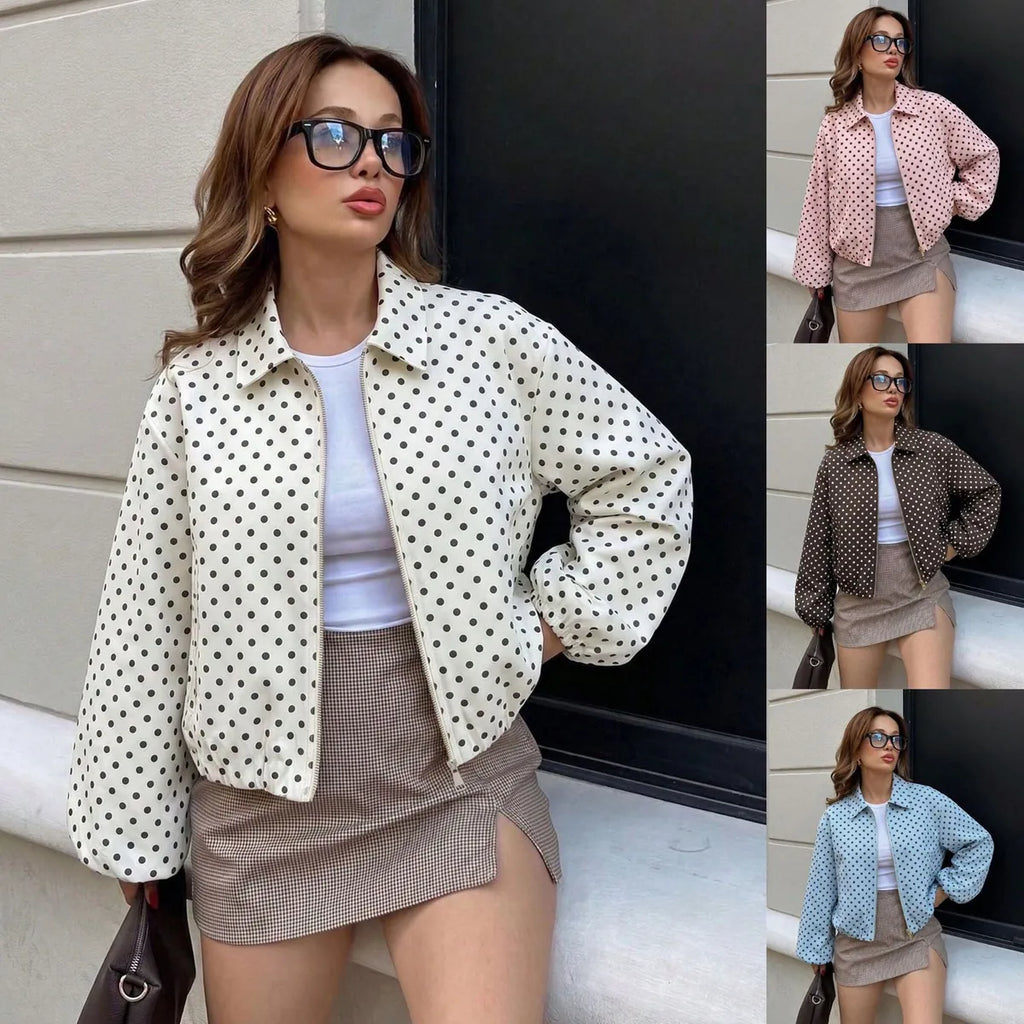 White Polka Dot Jacket – Collared Zip Bomber with Elastic Hem
