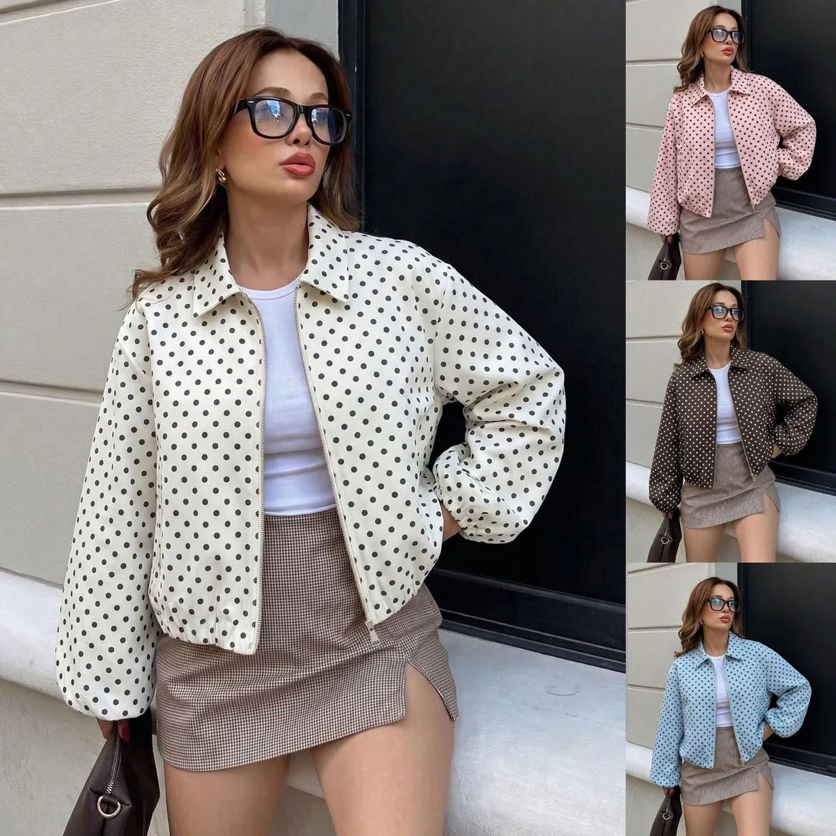 White Polka Dot Jacket – Collared Zip Bomber with Elastic Hem