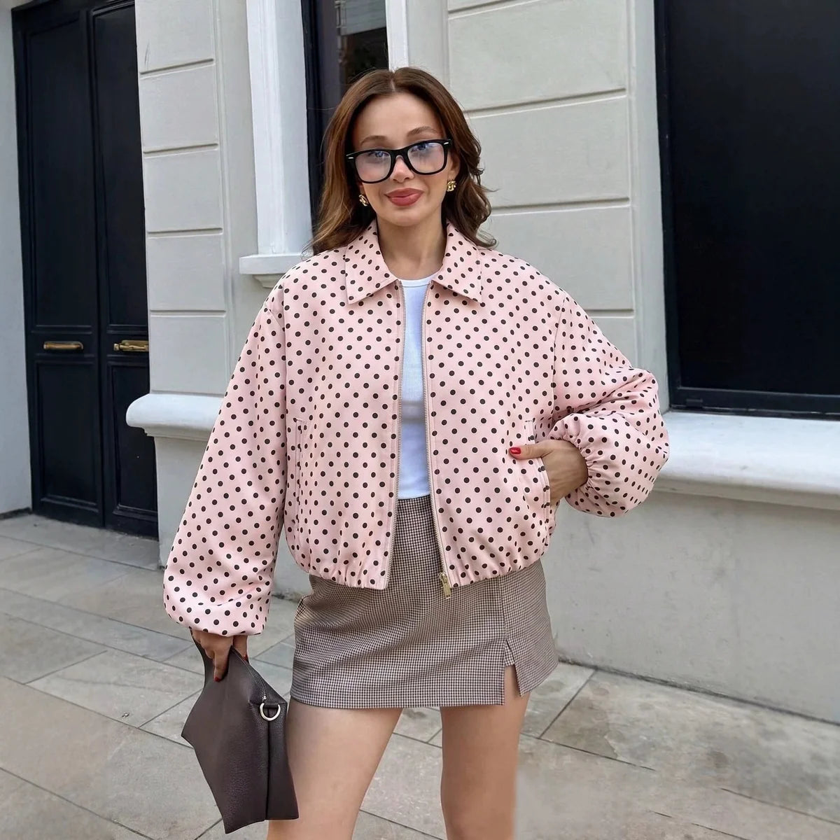 White Polka Dot Jacket – Collared Zip Bomber with Elastic Hem