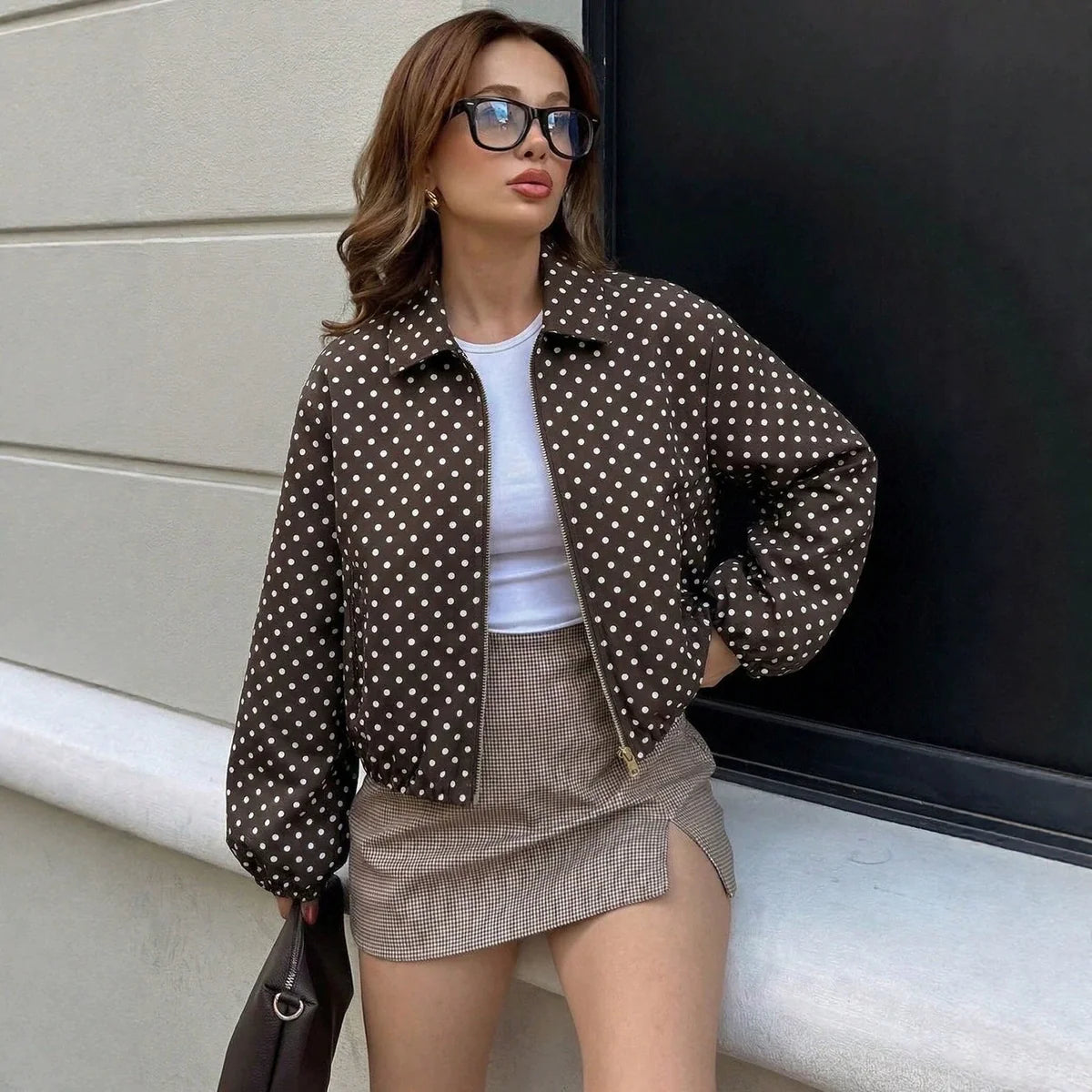 White Polka Dot Jacket – Collared Zip Bomber with Elastic Hem