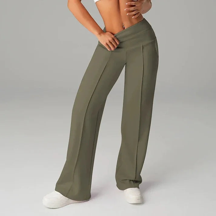 Wide Leg Pants – Black Fold-Over Waist Seamed Comfort Pants