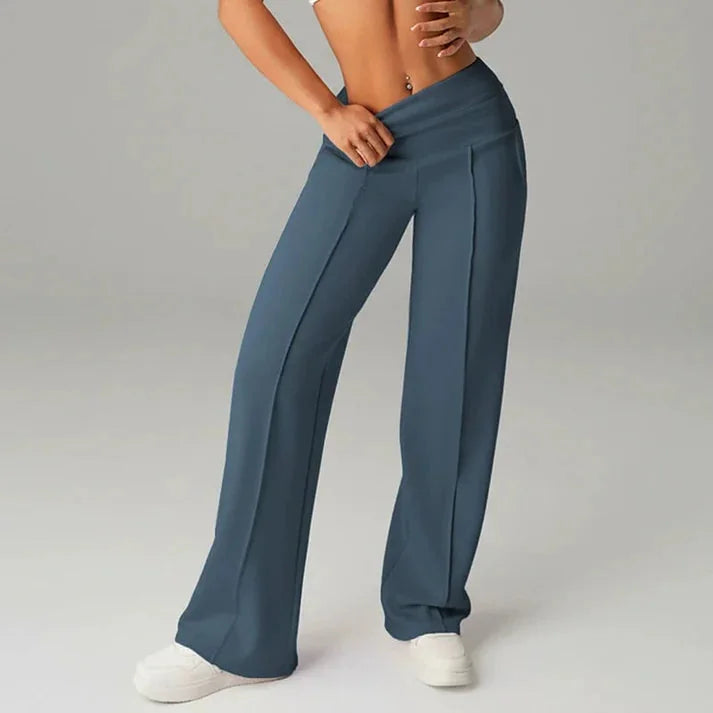 Wide Leg Pants – Black Fold-Over Waist Seamed Comfort Pants