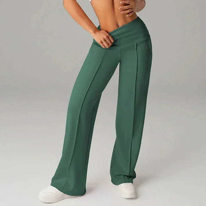 Wide Leg Pants – Black Fold-Over Waist Seamed Comfort Pants
