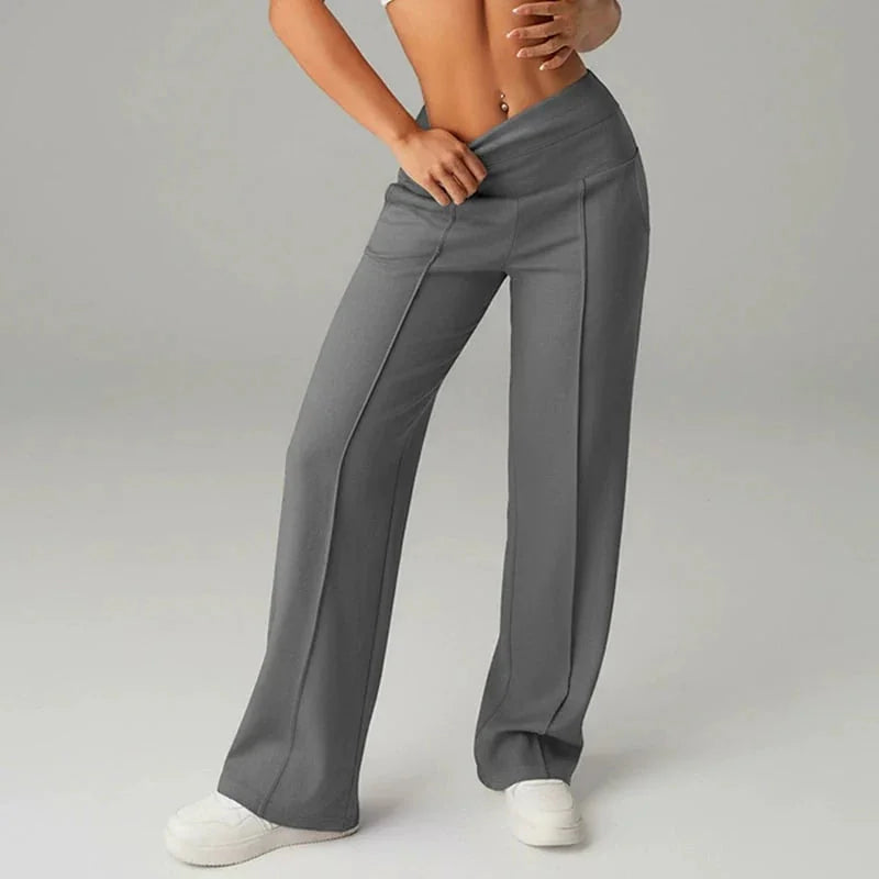 Wide Leg Pants – Black Fold-Over Waist Seamed Comfort Pants
