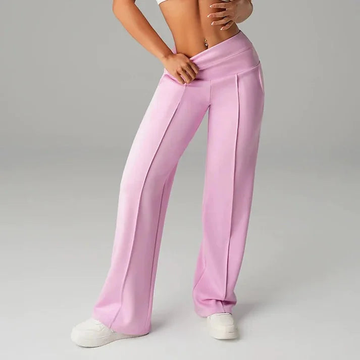 Wide Leg Pants – Black Fold-Over Waist Seamed Comfort Pants