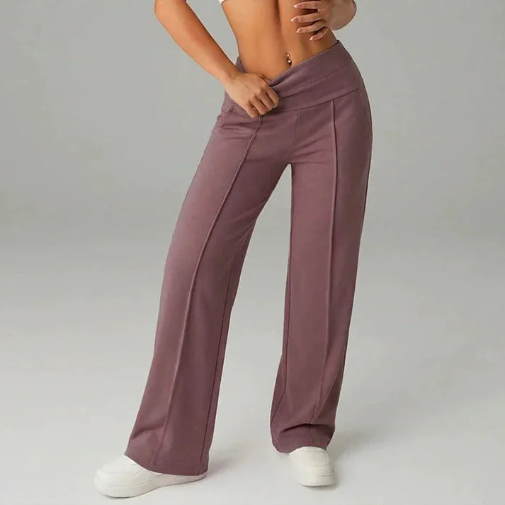 Wide Leg Pants – Black Fold-Over Waist Seamed Comfort Pants