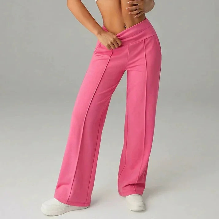 Wide Leg Pants – Black Fold-Over Waist Seamed Comfort Pants