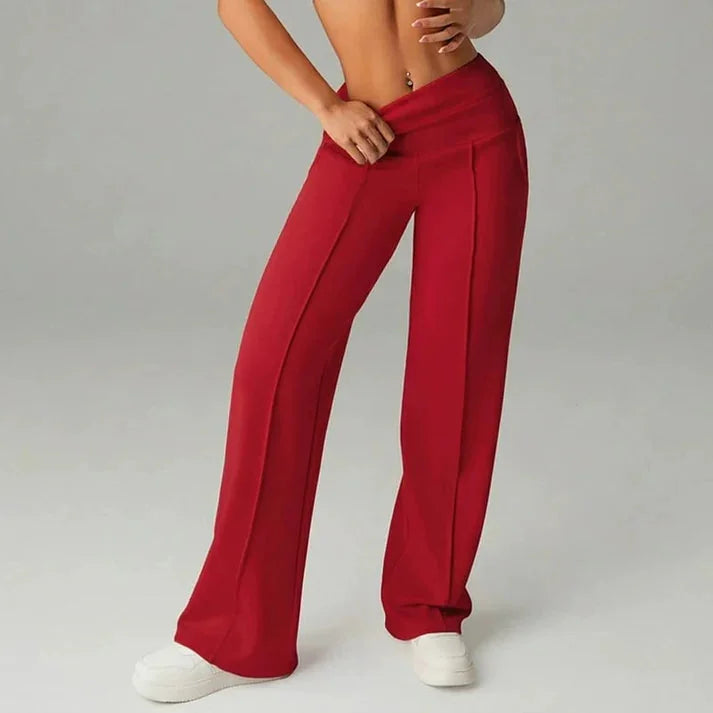 Wide Leg Pants – Black Fold-Over Waist Seamed Comfort Pants