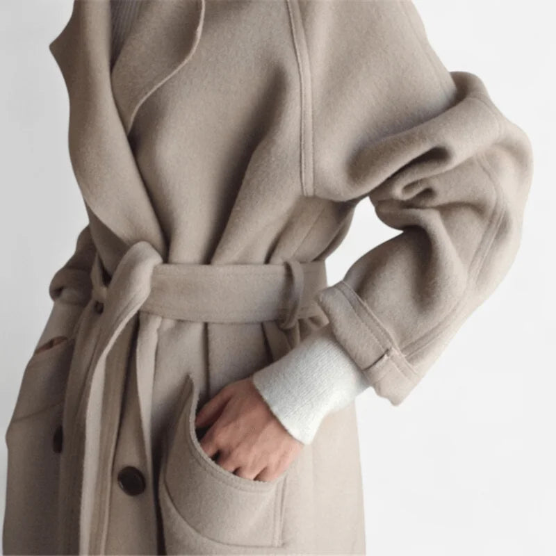 Wool Coat Women – Beige Long Belted Wool Coat
