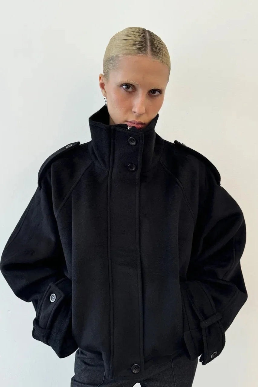Wool Look Coat with Stand Collar