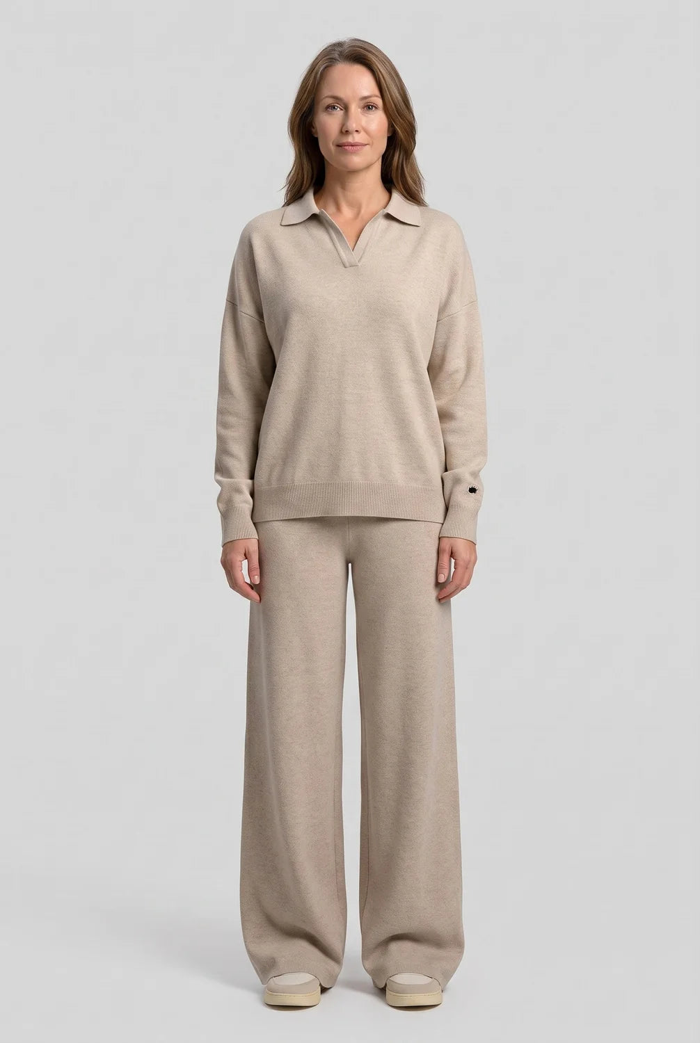 Knit Lounge Set with Polo Collar Top — Cream