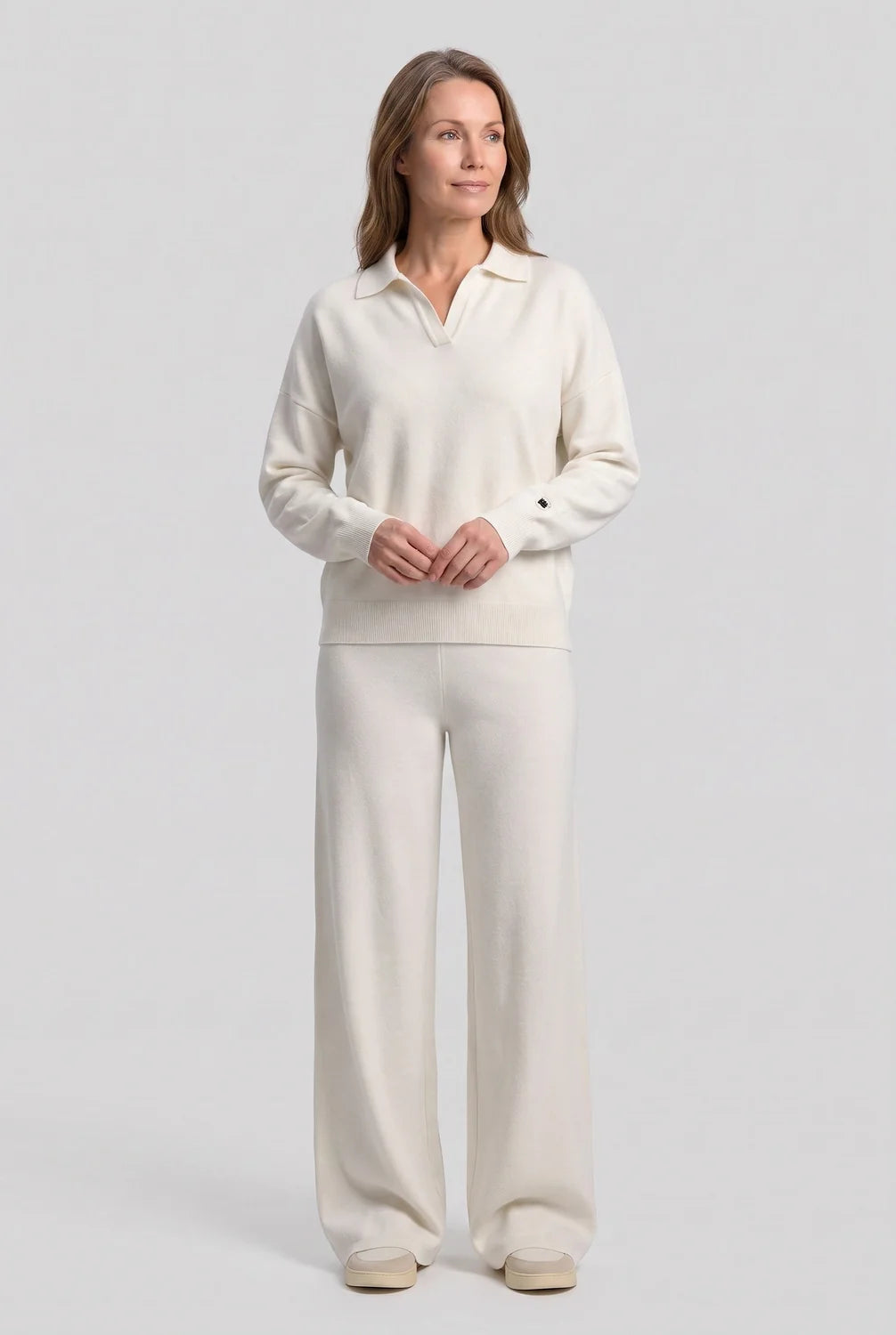 Knit Lounge Set with Polo Collar Top — White