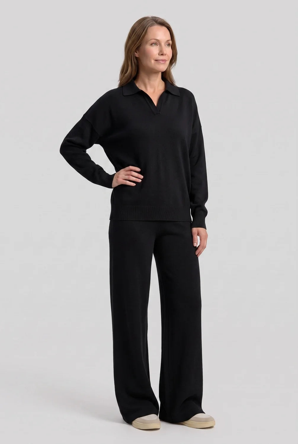 Knit Lounge Set with Polo Collar Top — Black