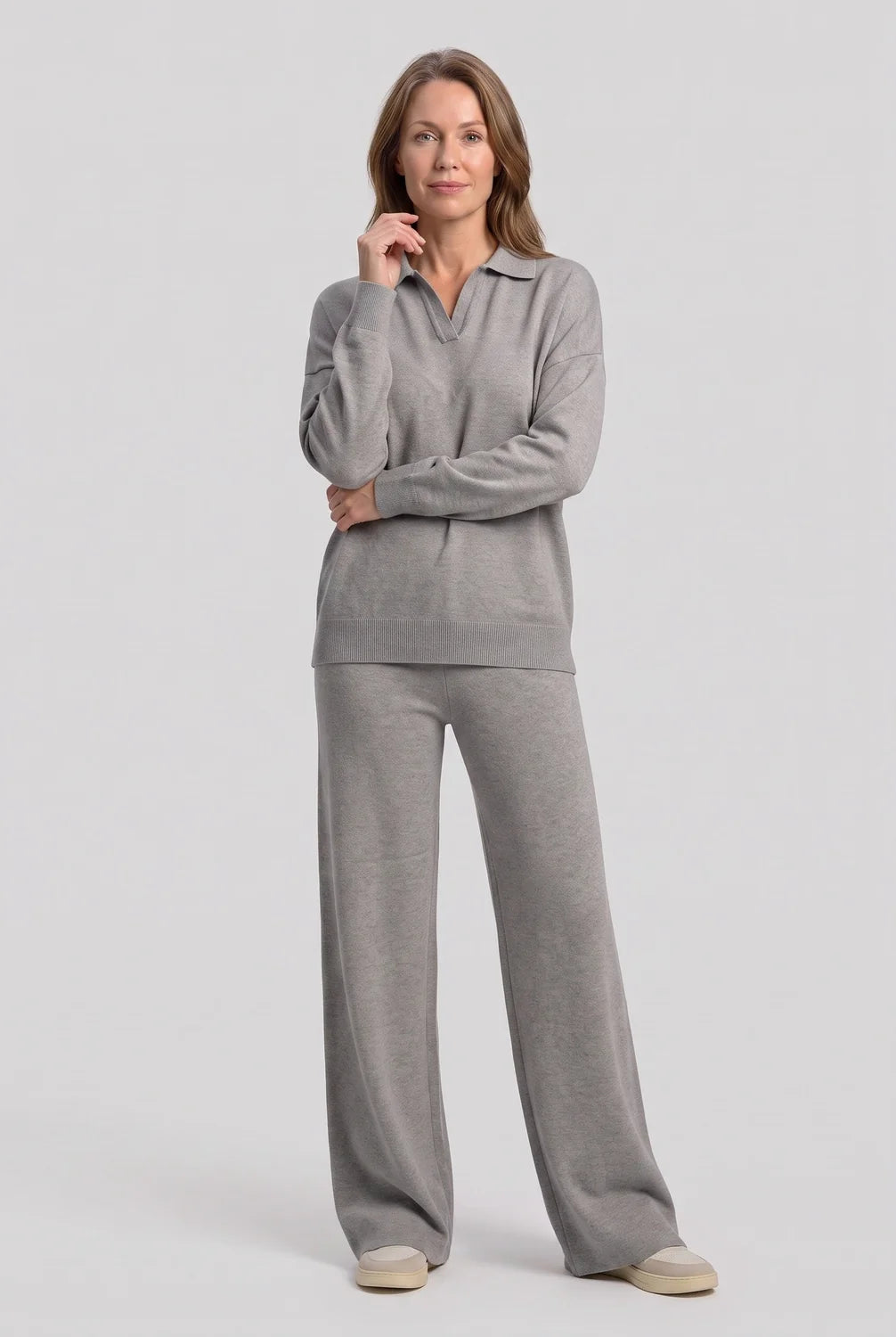 Knit Lounge Set with Polo Collar Top — Grey