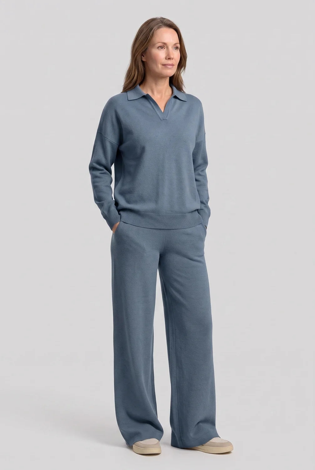 Knit Lounge Set with Polo Collar Top — Blue
