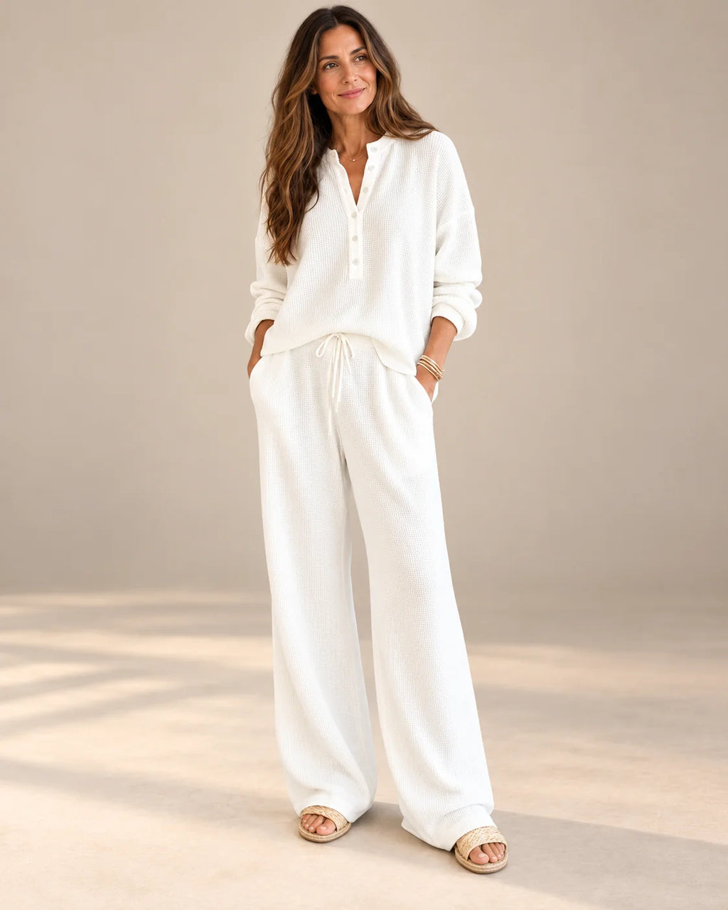 Knit Pants Set - Waffle Henley and Wide Leg Pants - AI styled main view