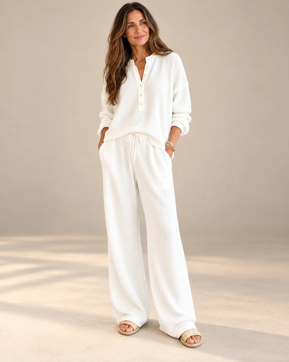 Knit Pants Set - Waffle Henley and Wide Leg Pants - AI styled main view