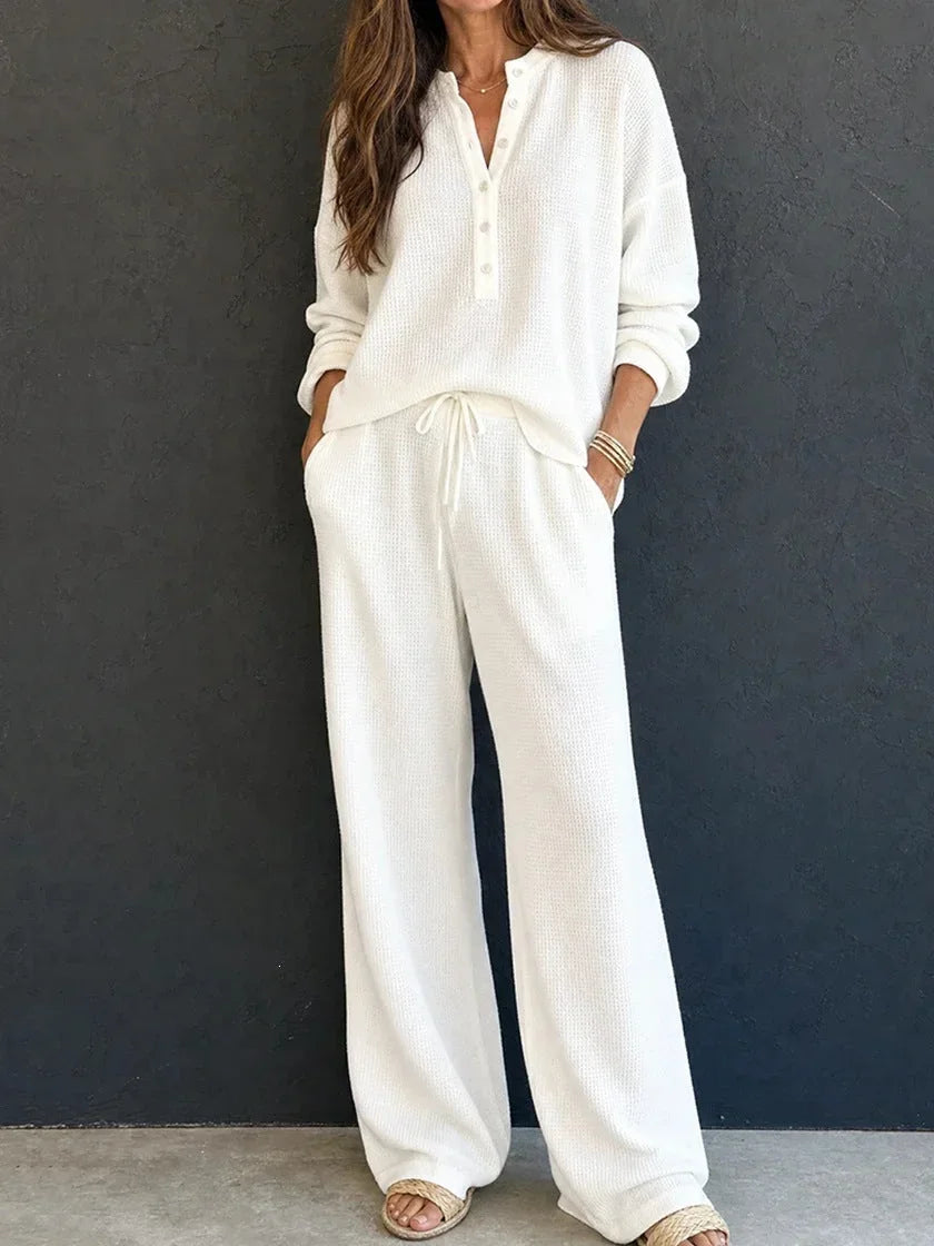 Knit Pants Set - Waffle Henley and Wide Leg Pants - Product view 2