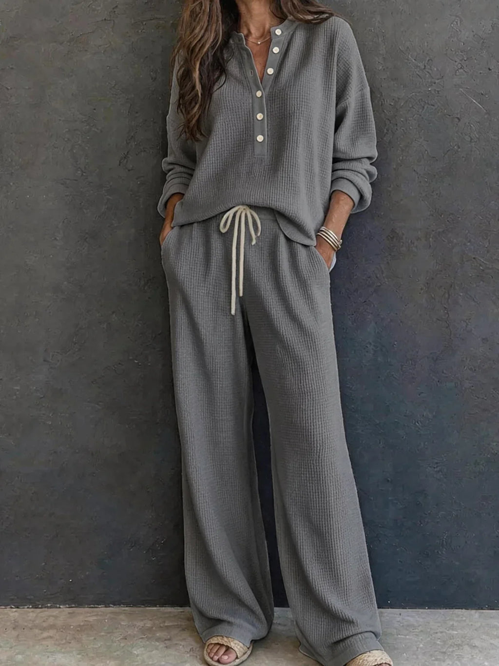 Knit Pants Set - Waffle Henley and Wide Leg Pants - Product view 3