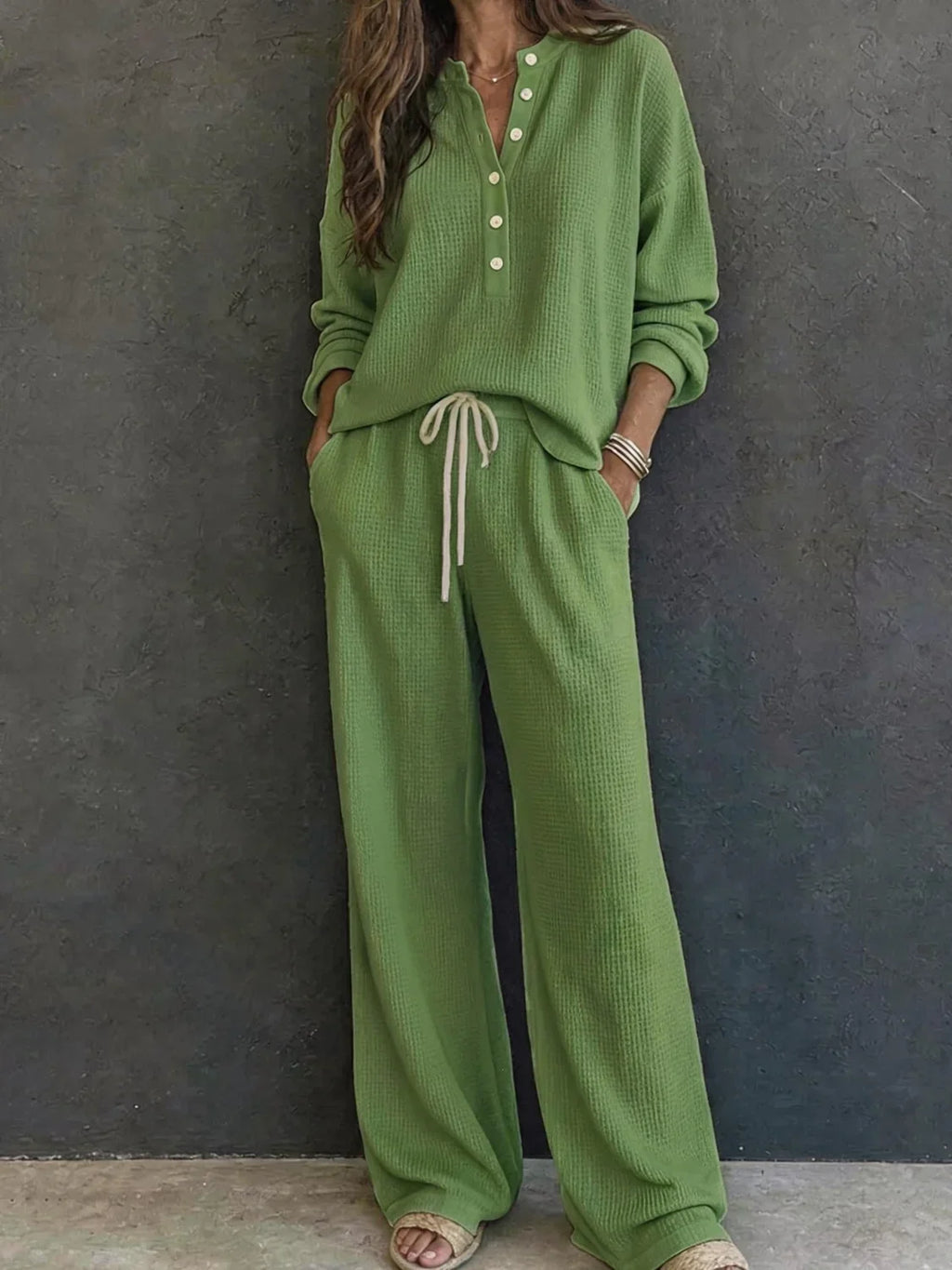 Knit Pants Set - Waffle Henley and Wide Leg Pants - Product view 4