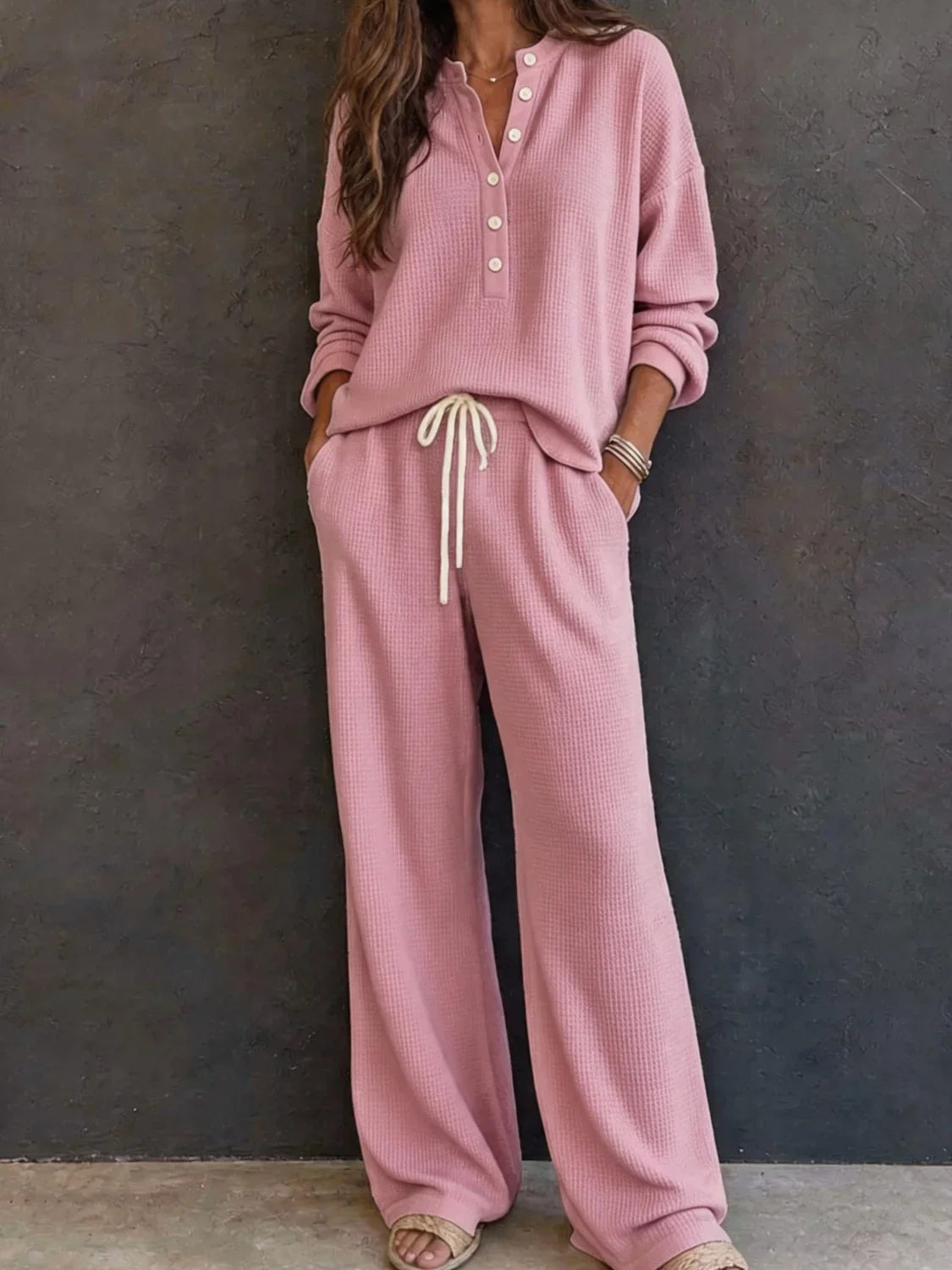Knit Pants Set - Waffle Henley and Wide Leg Pants - Product view 6