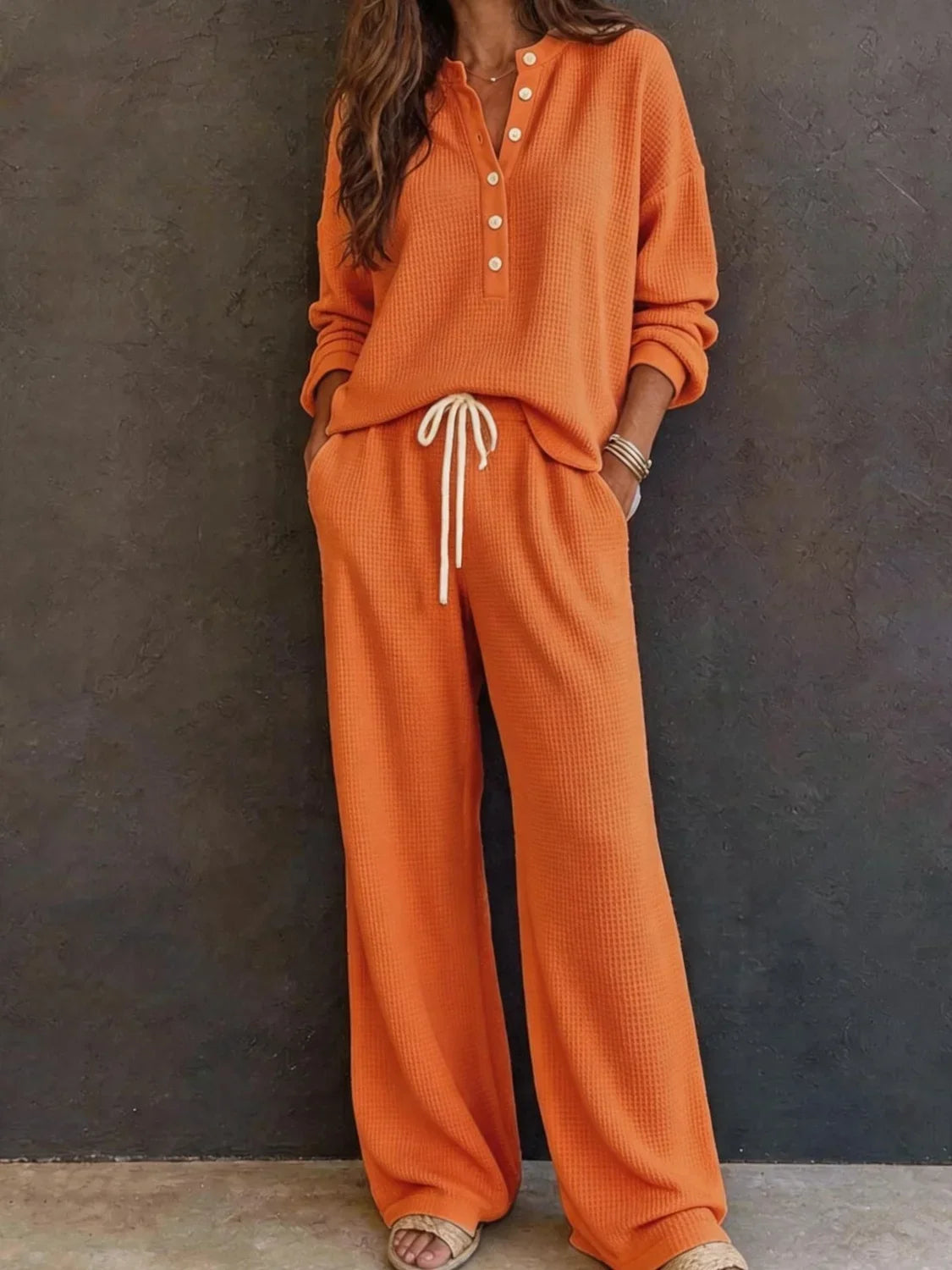 Knit Pants Set - Waffle Henley and Wide Leg Pants - Product view 7