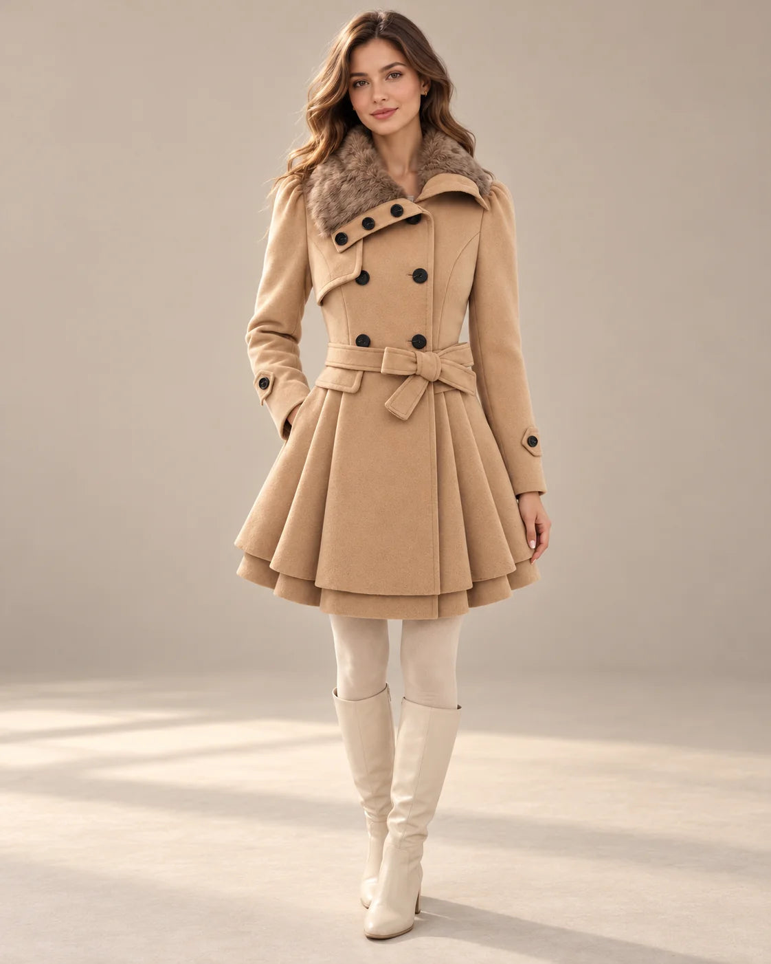 Pea Coat - Faux Fur Collar and Belted Flared Hem - AI styled main view