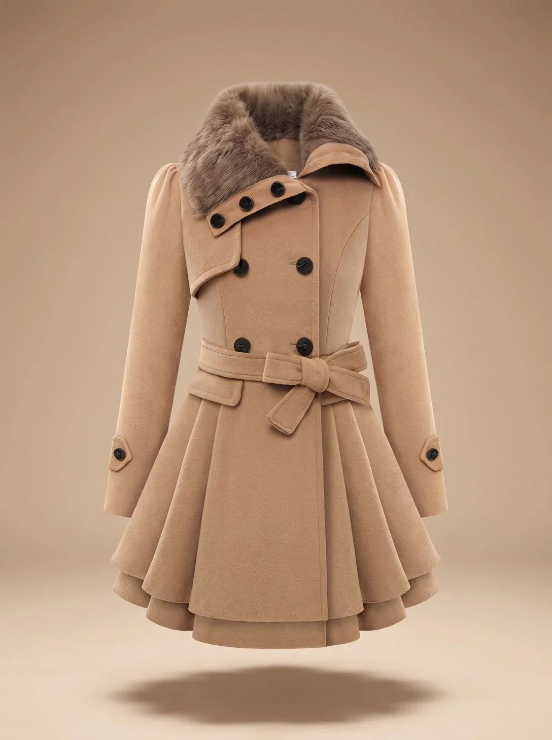 Pea Coat - Faux Fur Collar and Belted Flared Hem - Product view 2