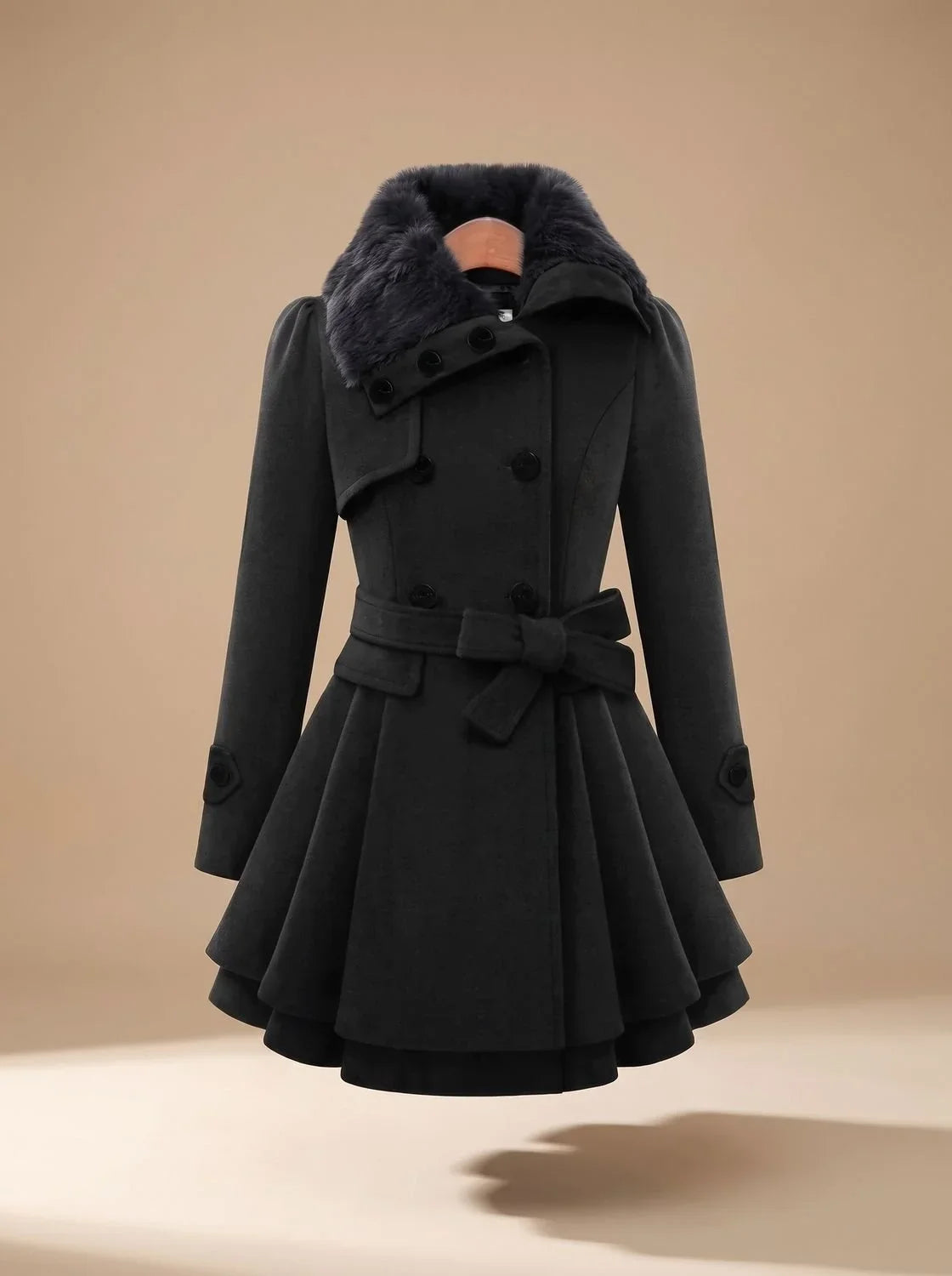Pea Coat - Faux Fur Collar and Belted Flared Hem - Product view 3