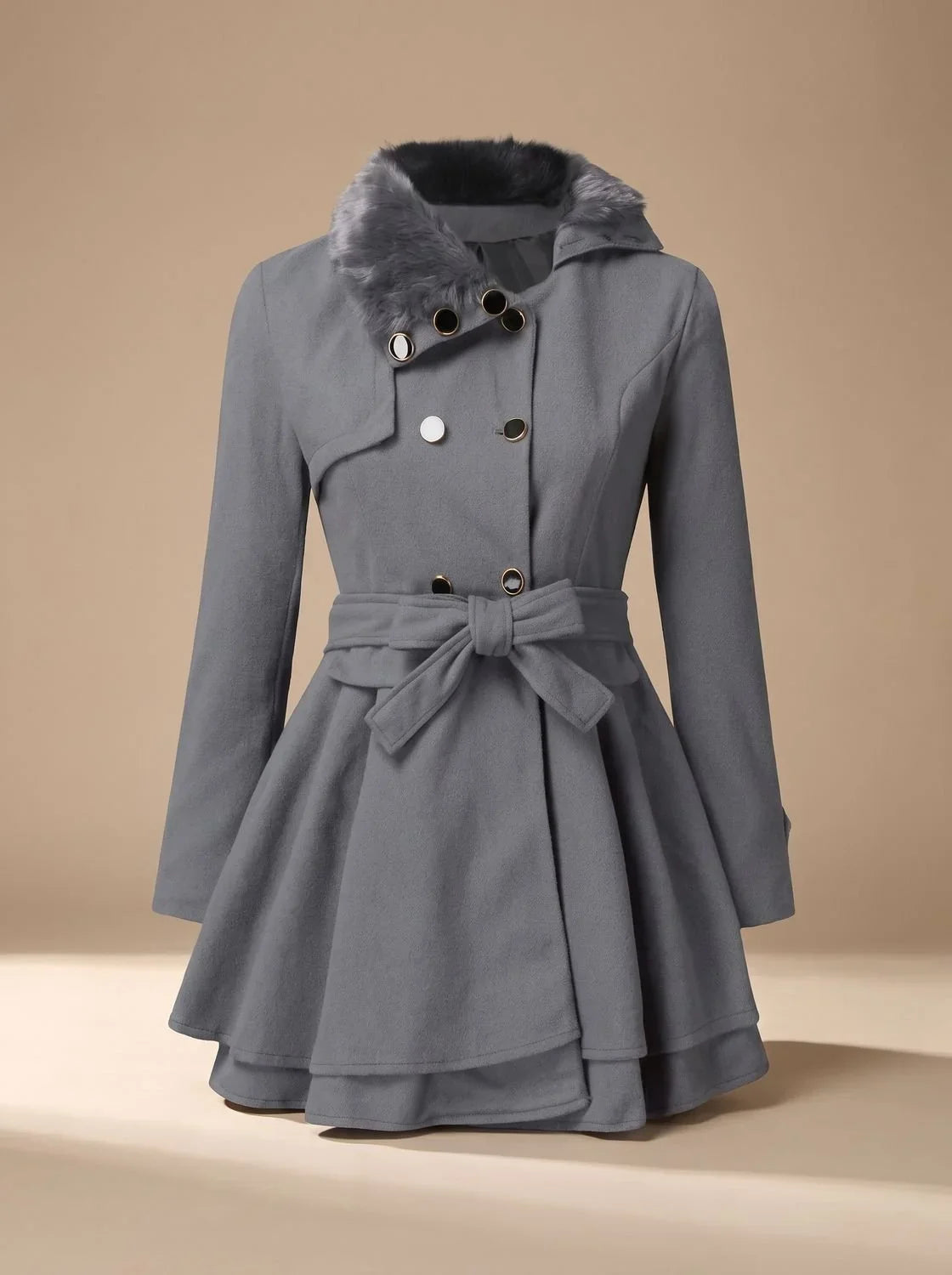 Pea Coat - Faux Fur Collar and Belted Flared Hem - Product view 4