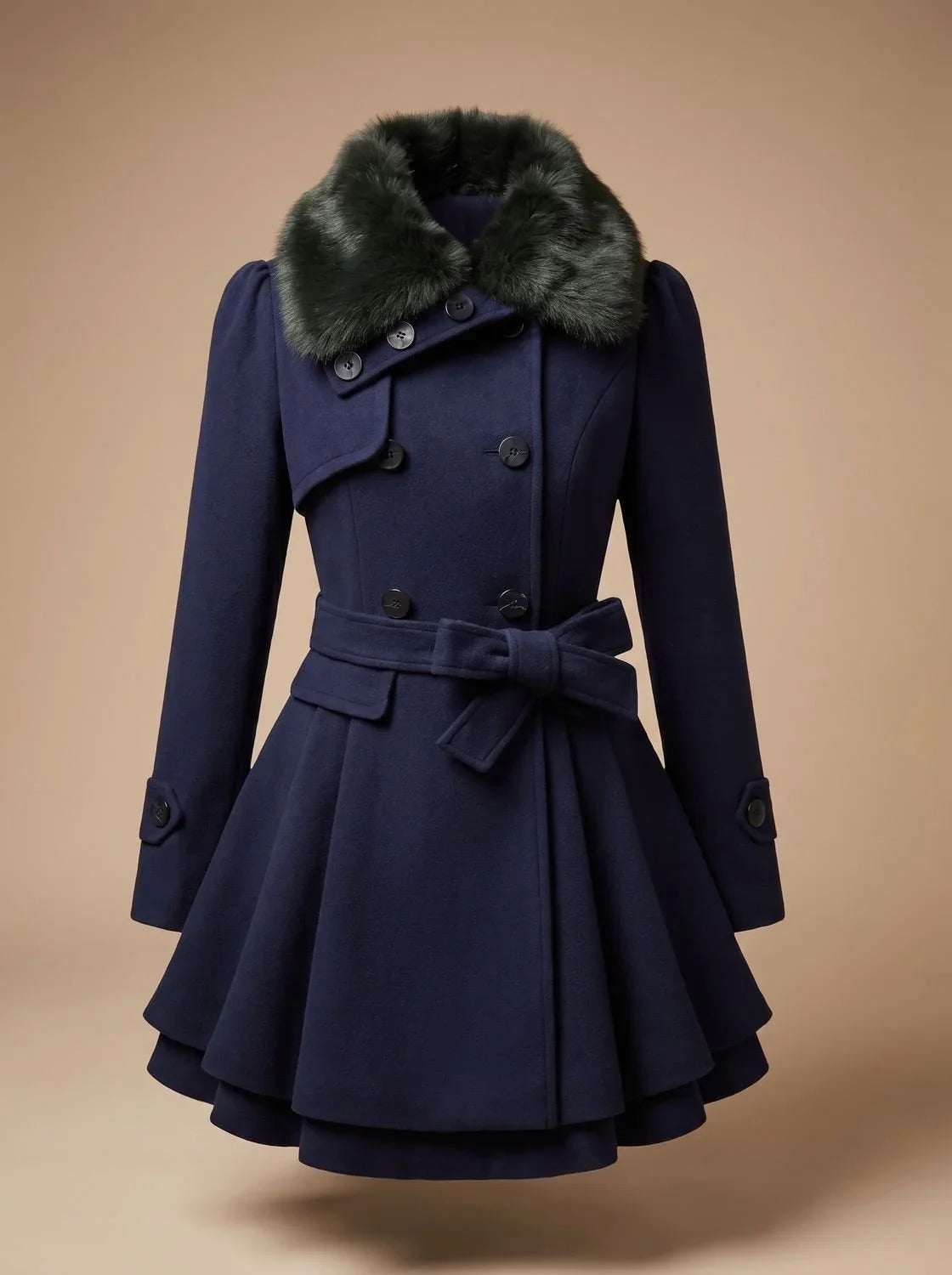 Pea Coat - Faux Fur Collar and Belted Flared Hem - Product view 5