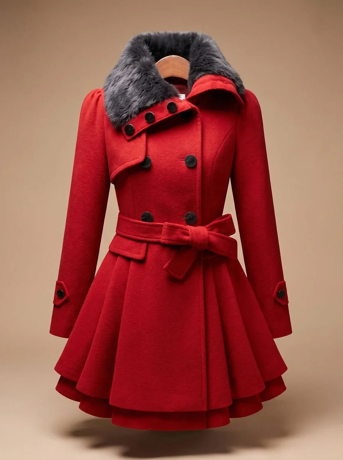 Pea Coat - Faux Fur Collar and Belted Flared Hem - Product view 6