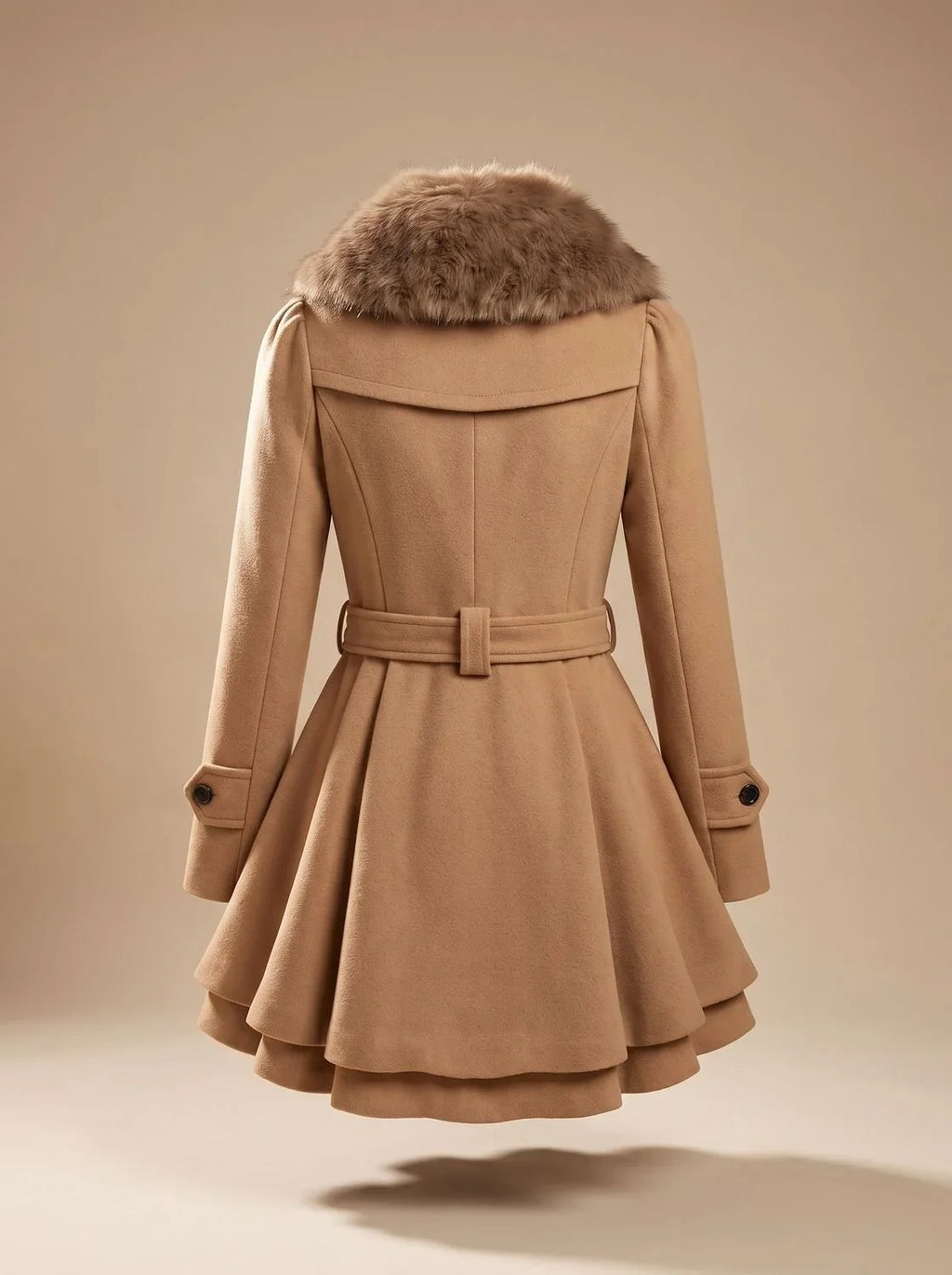 Pea Coat - Faux Fur Collar and Belted Flared Hem - Product view 7