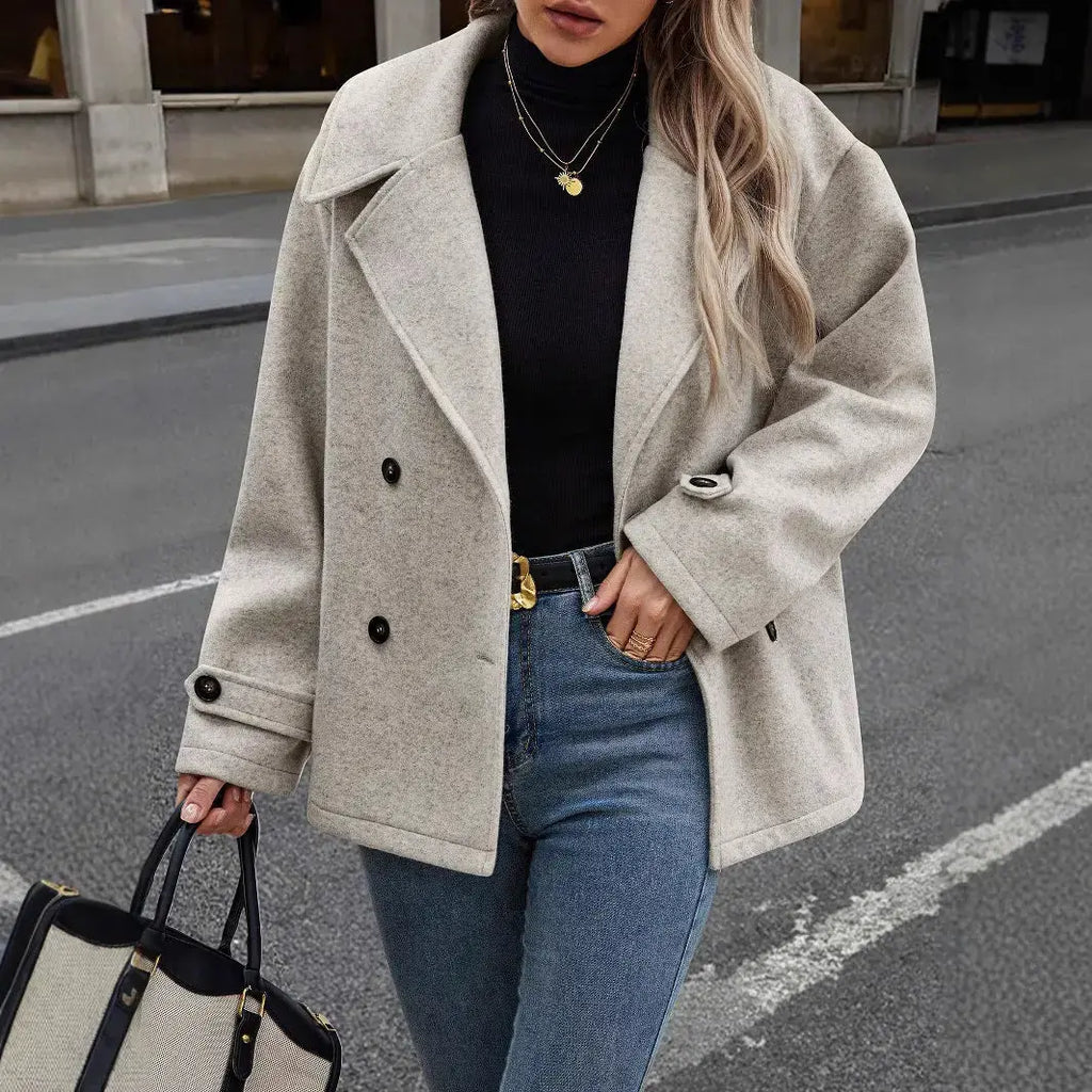 Pea Coat - Light Gray Double Breasted Cropped Jacket - Product view 1