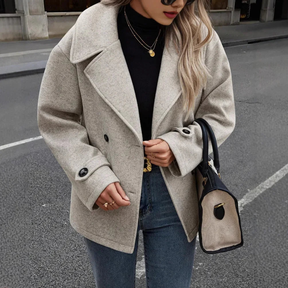 Pea Coat - Light Gray Double Breasted Cropped Jacket - Product view 2
