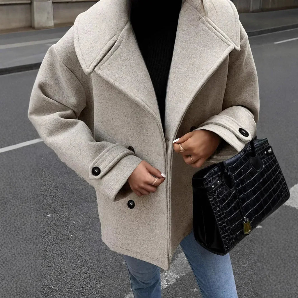 Pea Coat - Light Gray Double Breasted Cropped Jacket - Product view 3