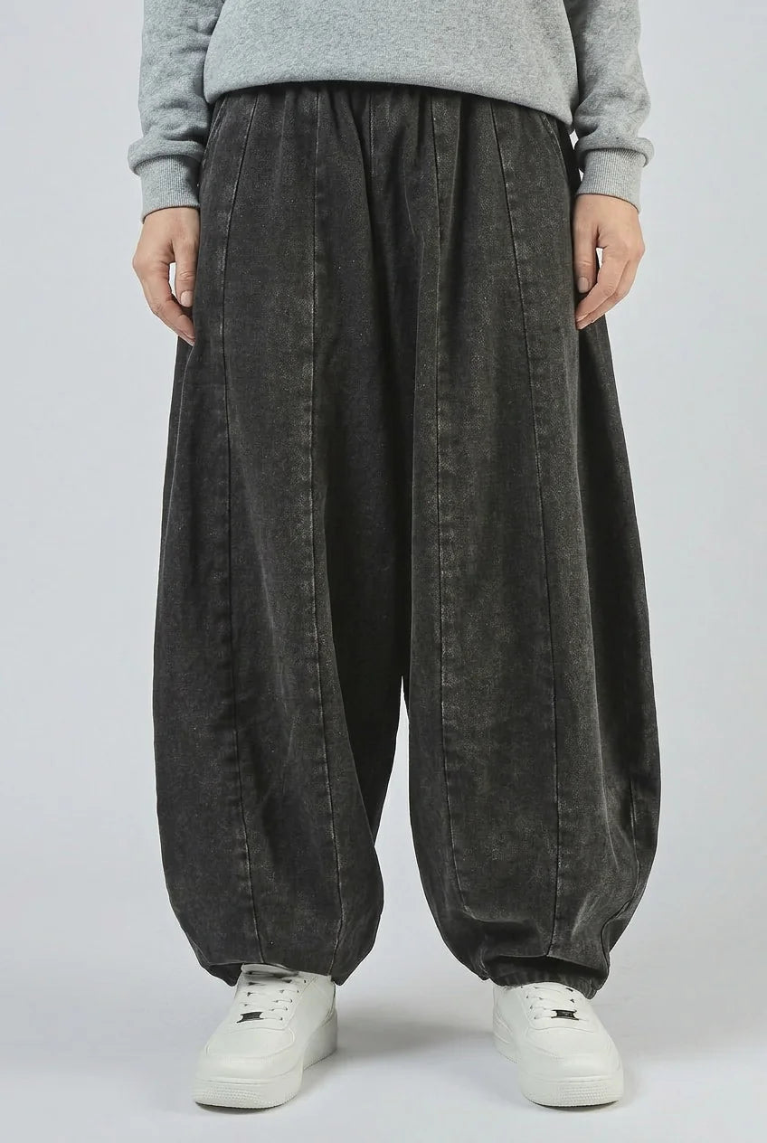 Wide Leg Pants with Gathered Hems — Dark Grey